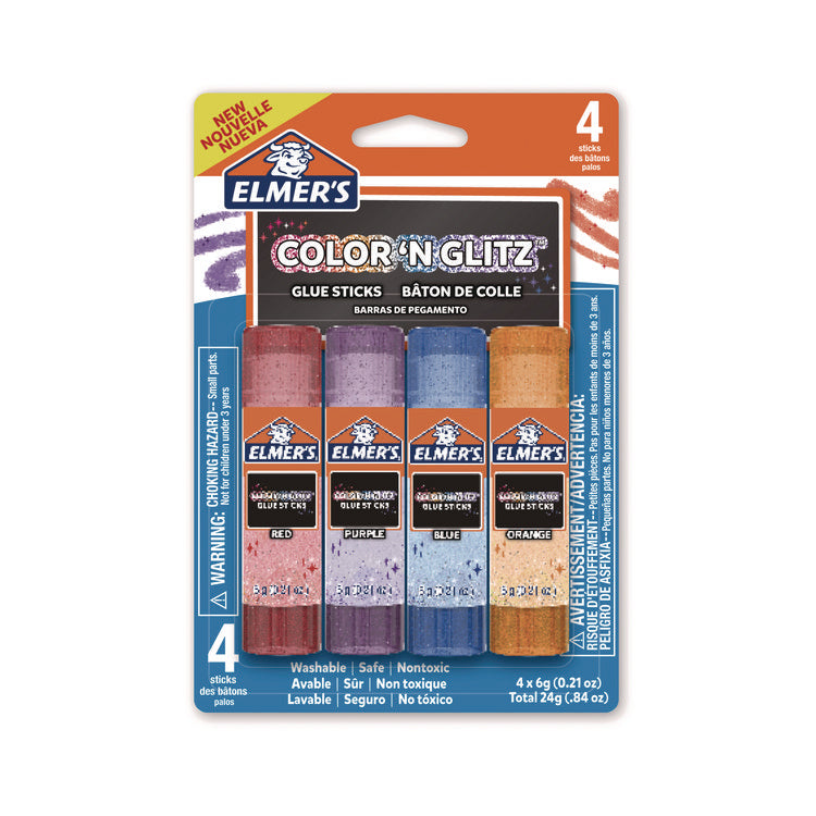 Glitter Glue Sticks, 0.21 oz, Applies Assorted Colors, Dries Clear Glitter, 4/Pack
