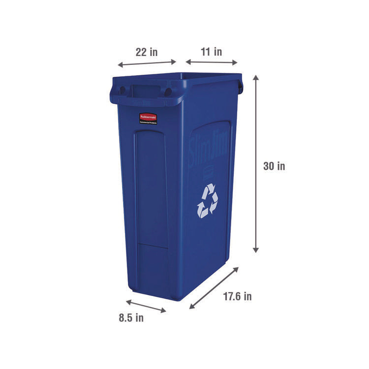 Slim Jim Plastic Recycling Container with Venting Channels, 23 gal, Plastic, Blue