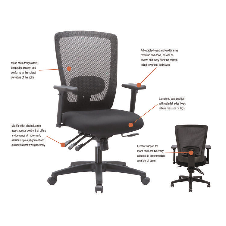 Alera Envy Series Mesh Mid-Back Multifunction Chair, Supports Up To 250 Lb, 17" To 21.5" Seat Height, Black