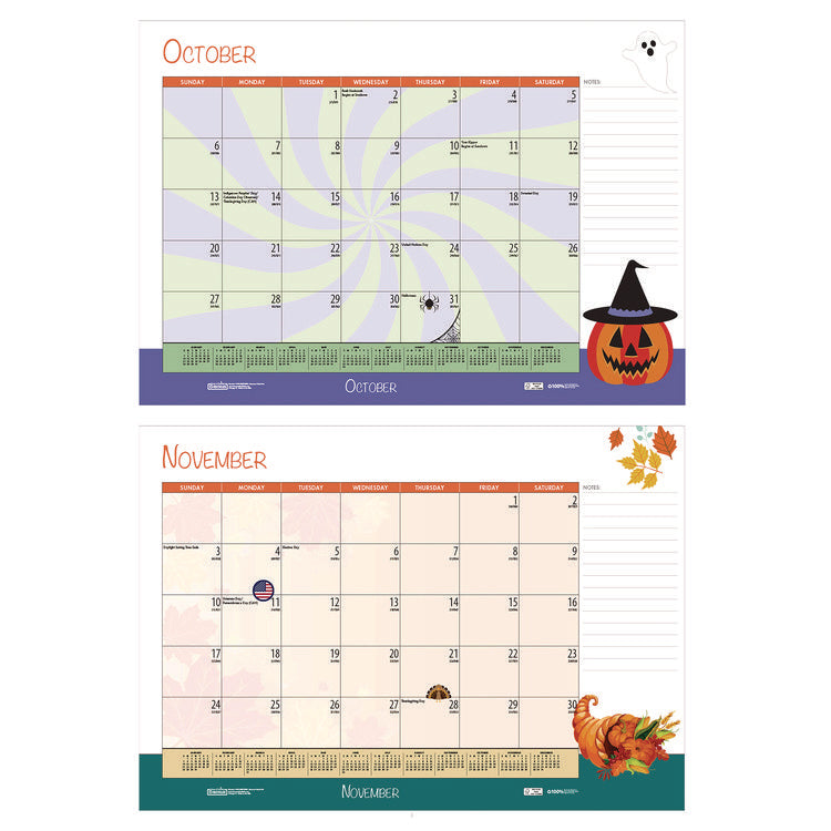 Academic Year Recycled Desk Pad Calendar, Illustrated Seasons Artwork, 22 x 17, Black Binding, 12-Month (July-June):2025-2026