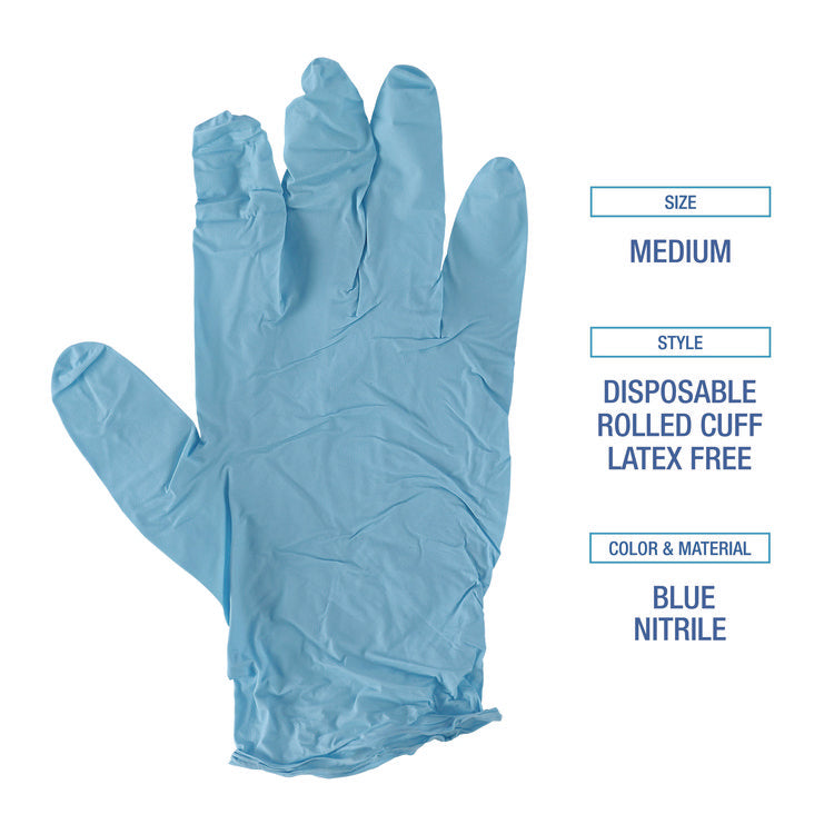 Disposable Examination Nitrile Gloves, Powder-Free, Medium, 5 mil Thick, 9.5" Long, Blue, 100/Box