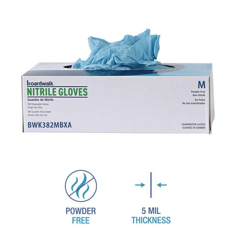 Disposable Examination Nitrile Gloves, Powder-Free, Medium, 5 mil Thick, 9.5" Long, Blue, 100/Box