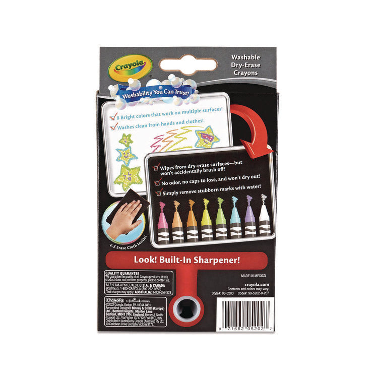 Washable Dry Erase Crayons w/E-Z Erase Cloth, Assorted Bright Colors, 8/Box