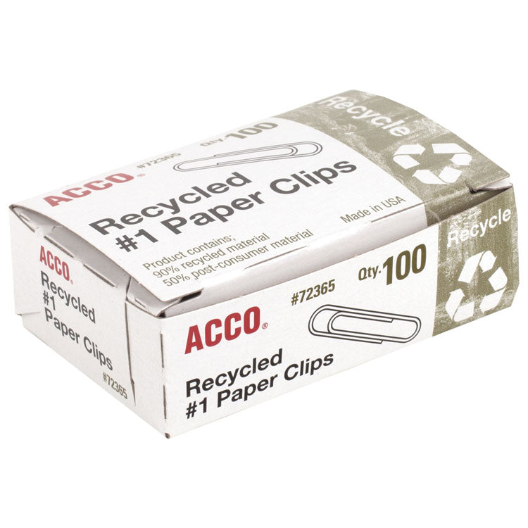 Recycled Paper Clips, #1, Smooth, Silver, 100 Clips/Box, 10 Boxes/Pack