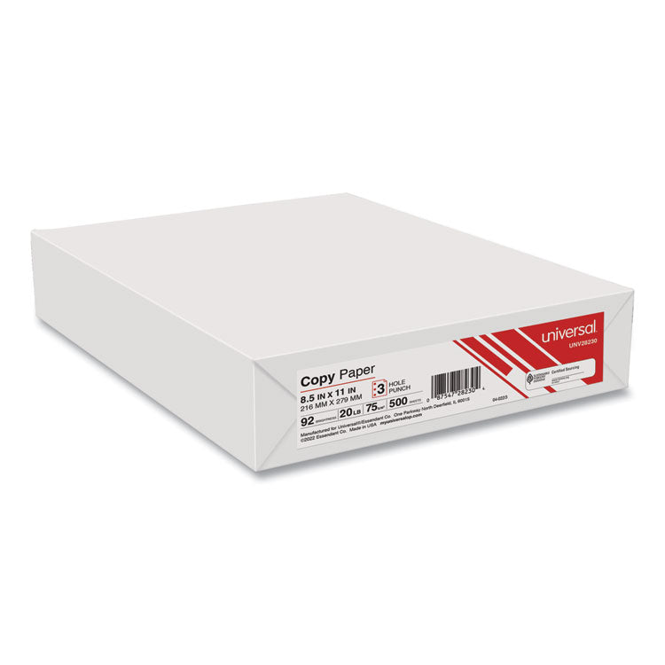 Copy Paper, 92 Bright, 3-Hole, 20 lb Bond Weight, 8.5 x 11, White, 500 Sheets/Ream, 10 Reams/Carton