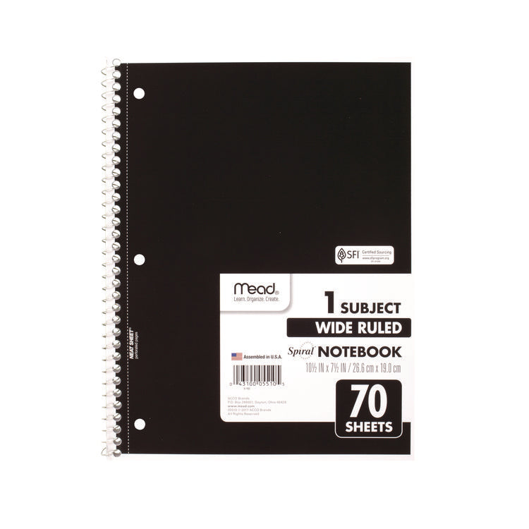 Spiral Notebook, 1-Subject, Wide/Legal Rule, Randomly Assorted Cover Color, (70) 10.5 x 7.5 Sheets