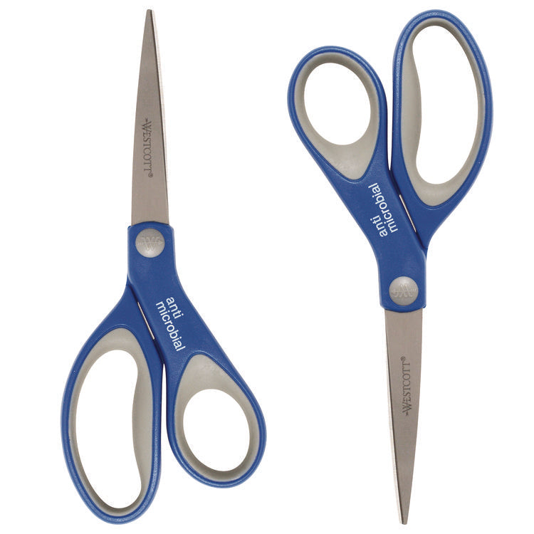 Scissors with Antimicrobial Protection, 8" Long, 3.25" Cut Length, Straight Blue/Gray Handle, 2/Pack