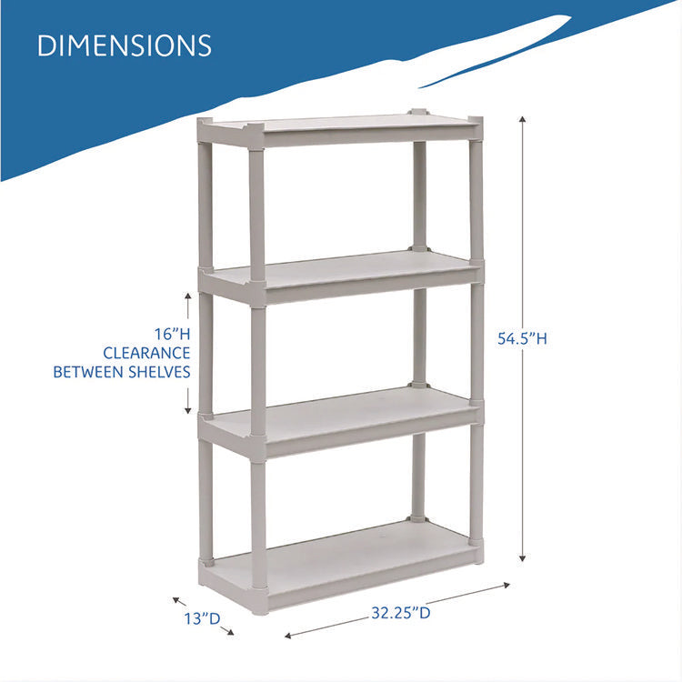 Rough n Ready Open Storage System, Four-Shelf, Injection-Molded Polypropylene, 32w x 13d x 54h, Platinum