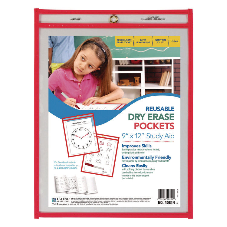 Reusable Dry Erase Pockets, Super Heavy-Duty, Top Load 9 x 12 Insert, Clear Front, Neon Red Border, 30/Pack