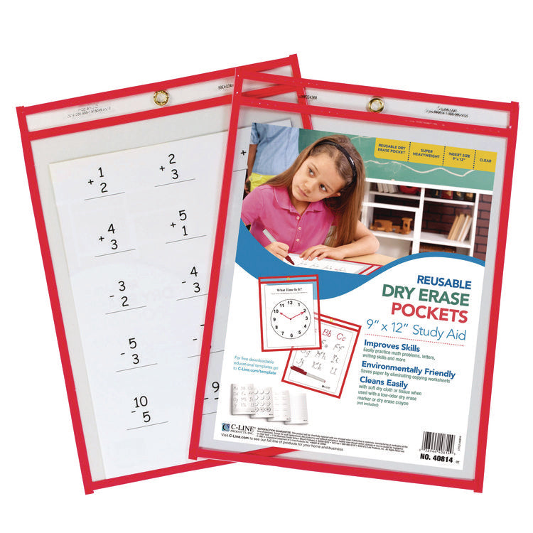 Reusable Dry Erase Pockets, Super Heavy-Duty, Top Load 9 x 12 Insert, Clear Front, Neon Red Border, 30/Pack