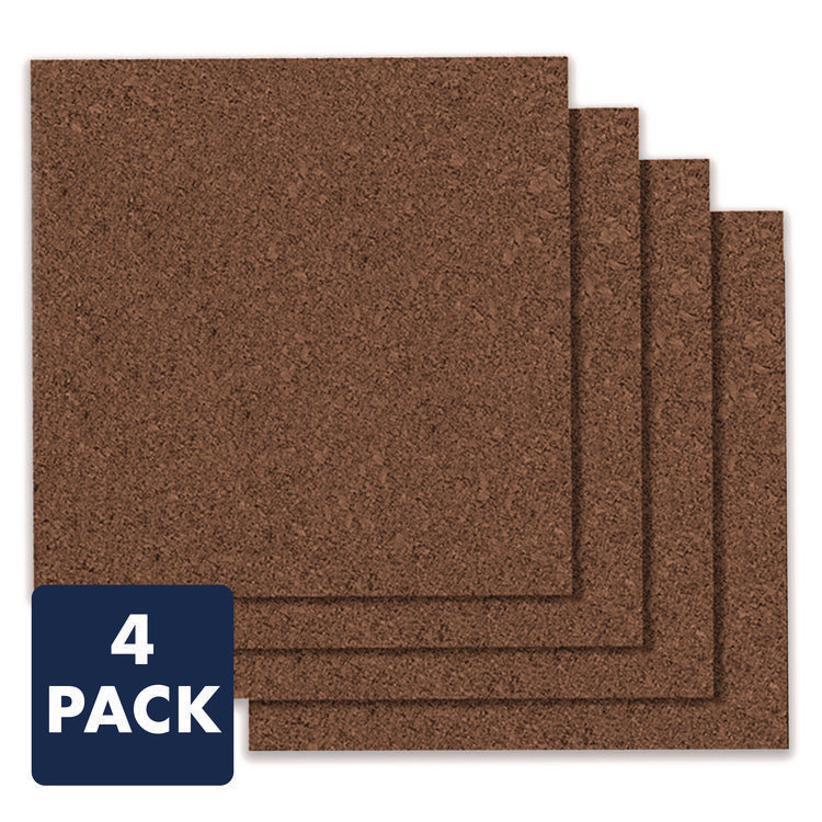 Cork Panels, 12" x 0.38" x 12", Brown, 4/Pack