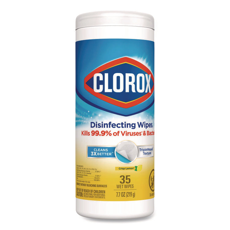 Disinfecting Wipes, Bleach Free Cleaning Wipes, 1-Ply, 7 x 8, Crisp Lemon, White, 35/Canister