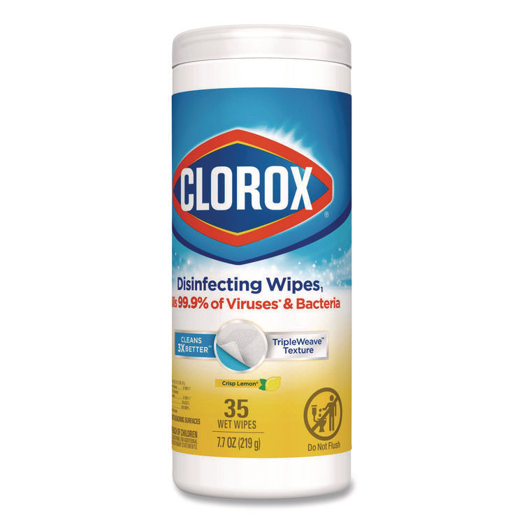 Disinfecting Wipes, Bleach Free Cleaning Wipes, 1-Ply, 7 x 8, Crisp Lemon, White, 35/Canister
