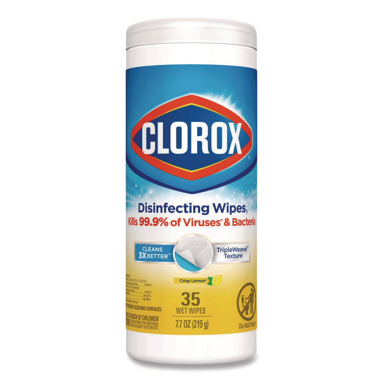 Disinfecting Wipes, Bleach Free Cleaning Wipes, 1-Ply, 7 x 8, Crisp Lemon, White, 35/Canister