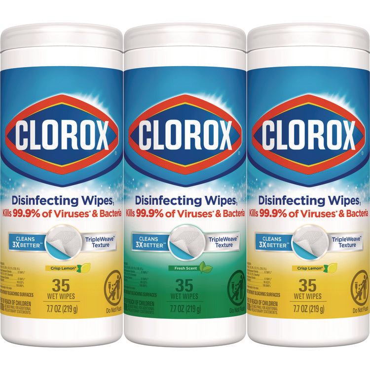 Disinfecting Wipes, 1-Ply, 7 x 8, Fresh Scent/Citrus Blend, White, 35/Canister, 3 Canisters/Pack