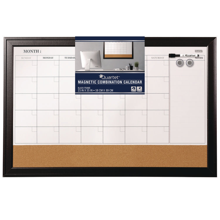 Magnetic Combination Board Calendar, Monthly Planning/Scheduling, 35" x 23", Tan/White Surface, Black Wood Frame