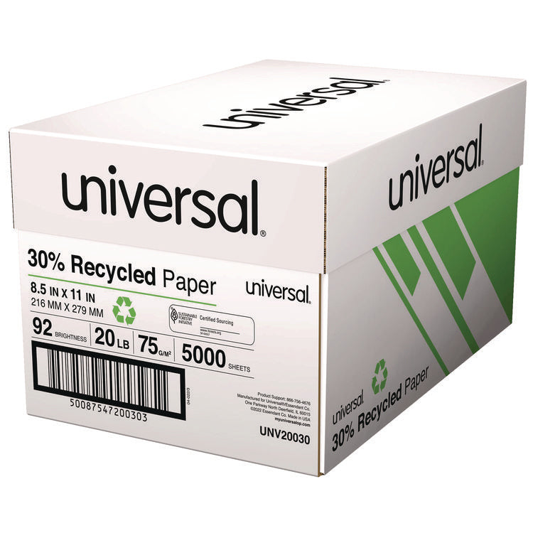 30% Recycled Copy Paper, 92 Bright, 20 lb Bond Weight, 8.5 x 11, White, 500 Sheets/Ream, 10 Reams/Carton