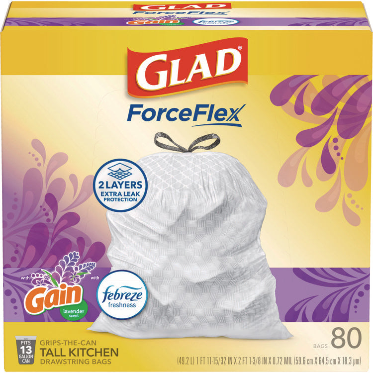 ForceFlex Kitchen Drawstring Trash Bags, 13 gal, Gain Lavender with Febreze Freshness, 24 x 27.38, White, 80/Box