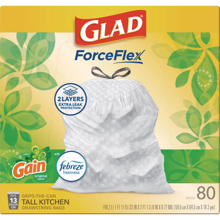 ForceFlex Kitchen Drawstring Trash Bags, 13 gal, Gain Original Scent, 24 x 27.38, White, 80/Box
