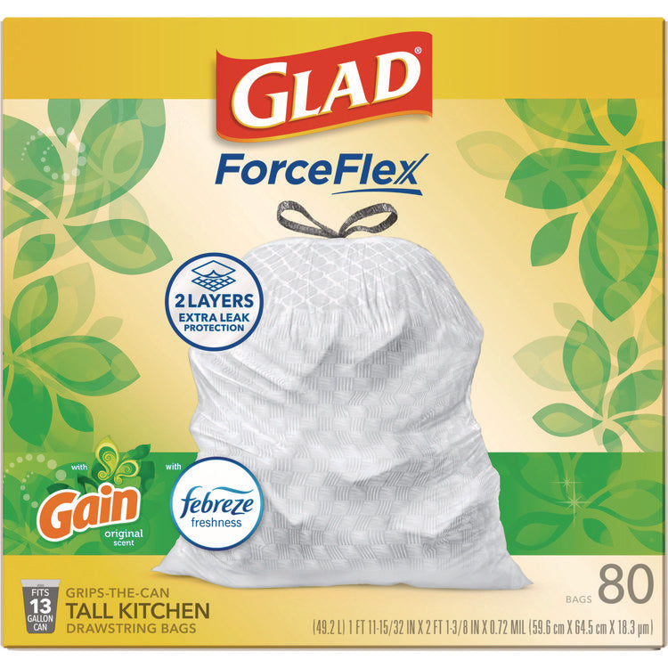 ForceFlex Kitchen Drawstring Trash Bags, 13 gal, Gain Original Scent, 24 x 27.38, White, 80/Box