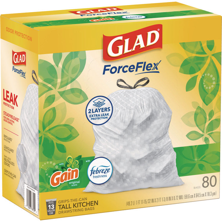 ForceFlex Kitchen Drawstring Trash Bags, 13 gal, Gain Original Scent, 24 x 27.38, White, 80/Box