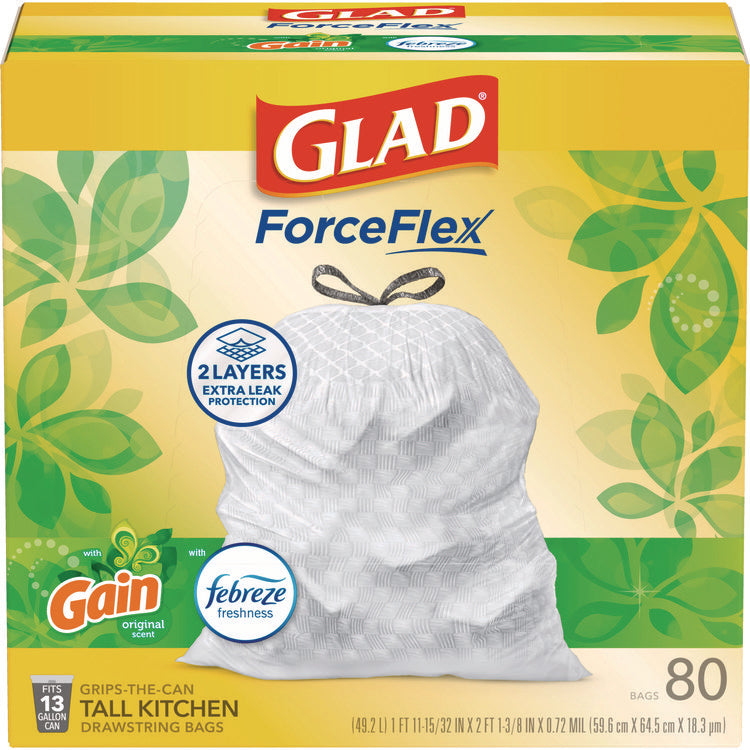 ForceFlex Kitchen Drawstring Trash Bags, 13 gal, Gain Original Scent, 24 x 27.38, White, 80/Box