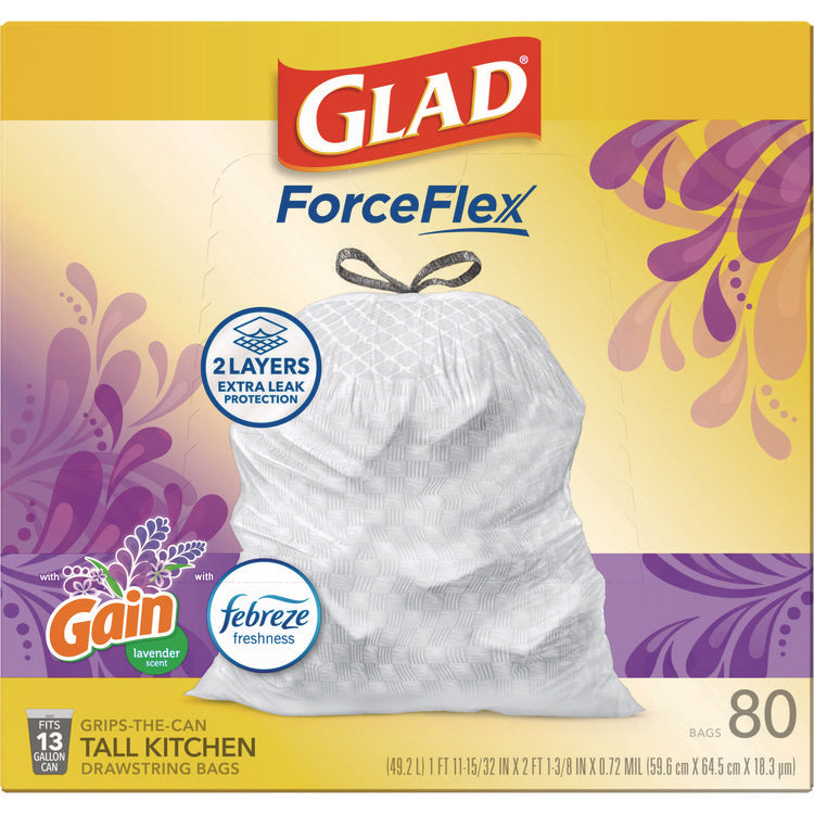 ForceFlex Kitchen Drawstring Trash Bags, 13 gal, Gain Lavender Scent, 24 x 27.38, White, 80 Bags/Box, 3 Boxes/Carton