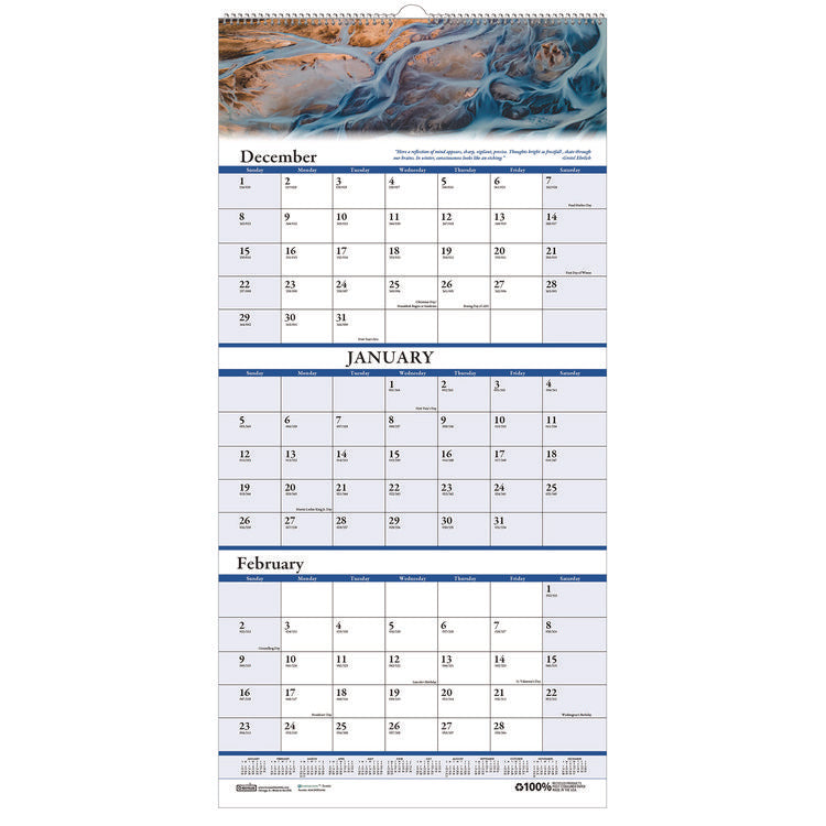 Earthscapes Recycled 3-Month Vertical Wall Calendar, Scenic Landscape Photography, 12.25 x 26, 14-Month: Dec 2024 to Jan 2026