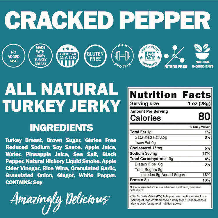 Turkey Jerky, Cracked Pepper Turkey, 1 oz Bag, 12 Bags/Carton