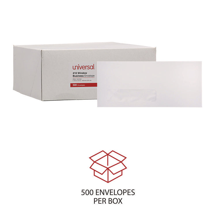 Open-Side Business Envelope, 1 Window, #10, Commercial Flap, Gummed Closure, 4.13 x 9.5, White, 500/Box