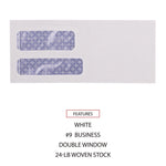 Double Window Business Envelope, #9, Commercial Flap, Gummed Closure, 3.88 x 8.88, White, 500/Box