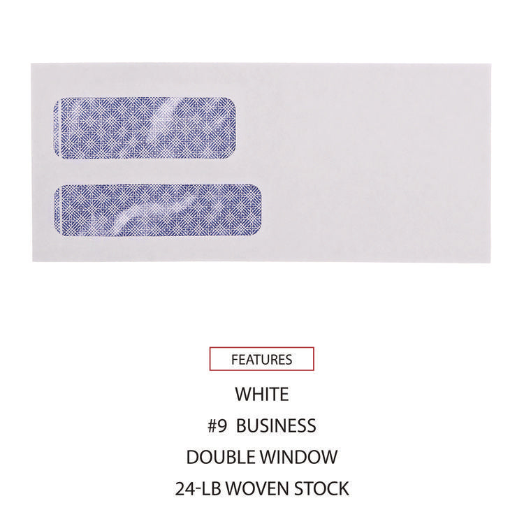 Double Window Business Envelope, #9, Commercial Flap, Gummed Closure, 3.88 x 8.88, White, 500/Box