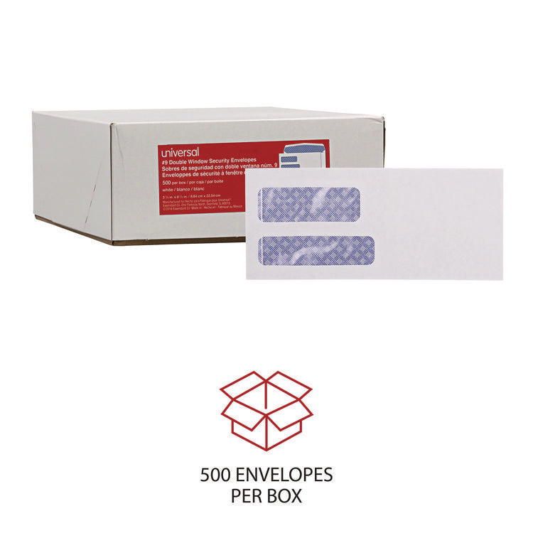 Double Window Business Envelope, #9, Commercial Flap, Gummed Closure, 3.88 x 8.88, White, 500/Box