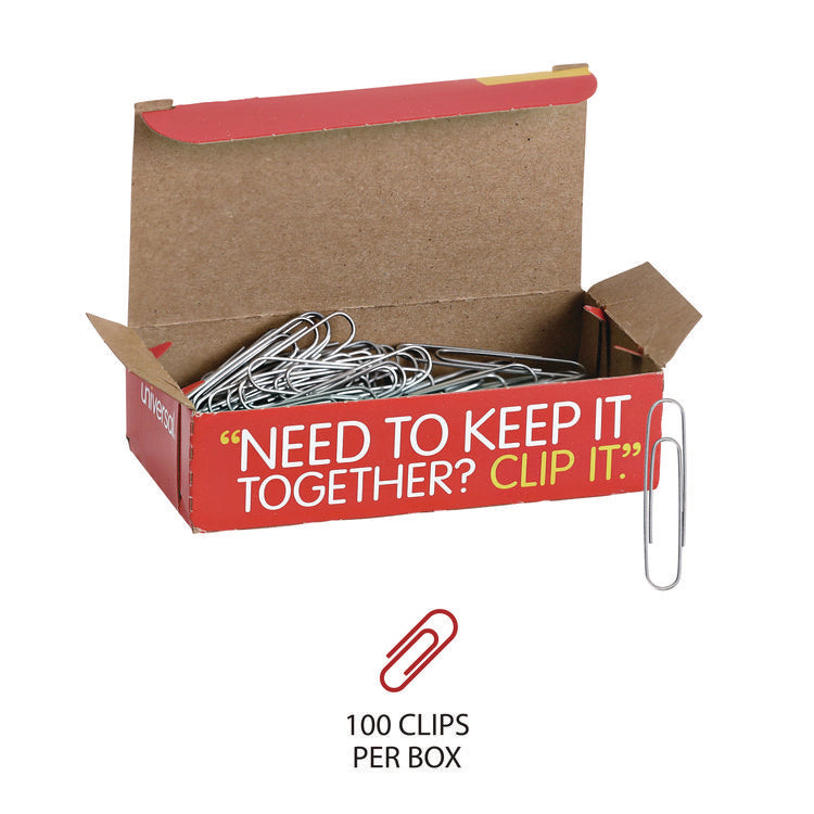 Paper Clips, Jumbo, Smooth, Silver, 100 Clips/Box, 10 Boxes/Pack