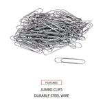 Paper Clips, Jumbo, Smooth, Silver, 100 Clips/Box, 10 Boxes/Pack