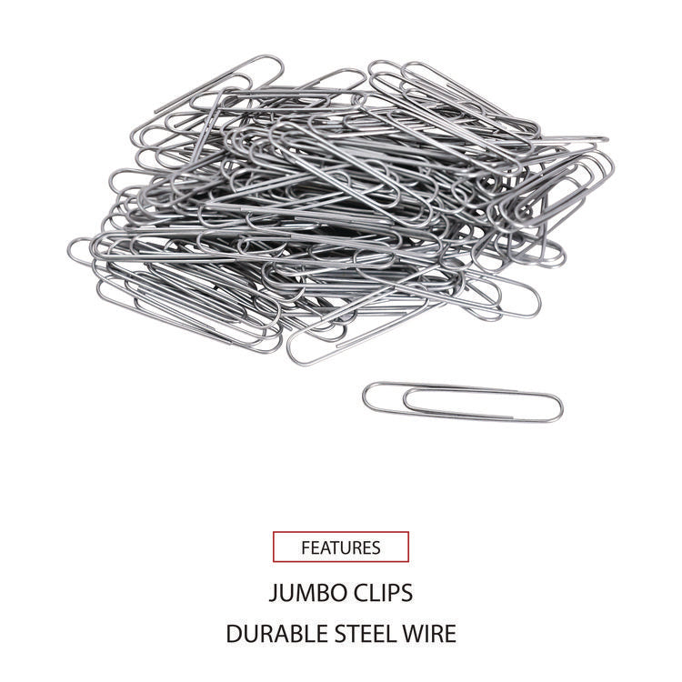 Paper Clips, Jumbo, Smooth, Silver, 100 Clips/Box, 10 Boxes/Pack