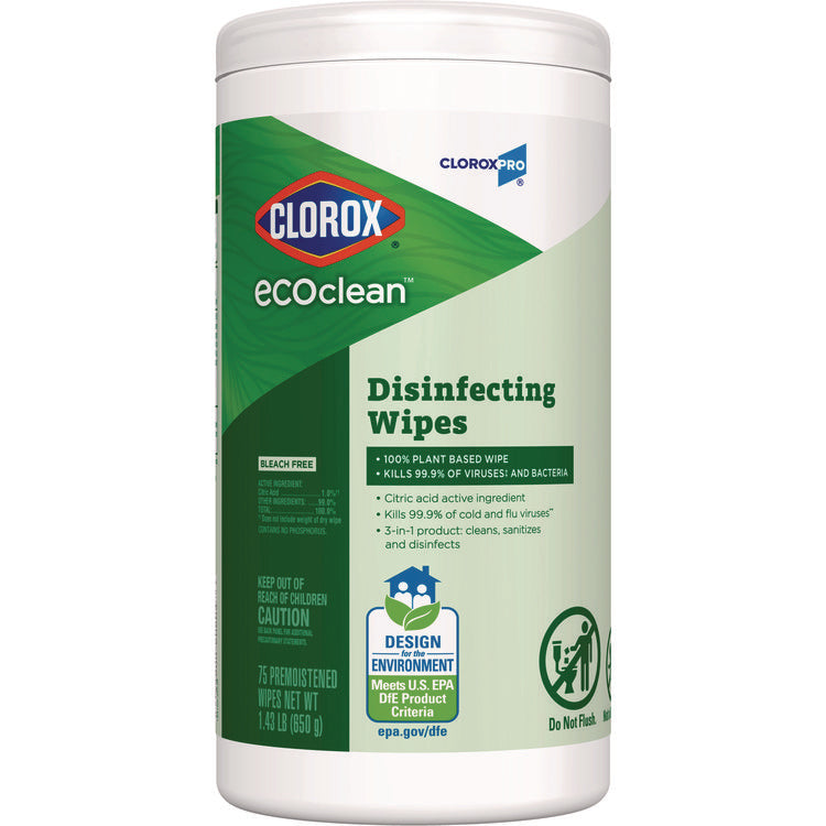CloroxPro EcoClean Disinfecting Wipes, 1-Ply, 8 x 7, Unscented, White, 75 Count
