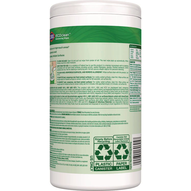 CloroxPro EcoClean Disinfecting Wipes, 1-Ply, 8 x 7, Unscented, White, 75 Count