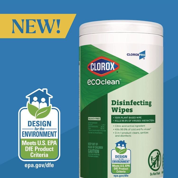 CloroxPro EcoClean Disinfecting Wipes, 1-Ply, 8 x 7, Unscented, White, 75 Count