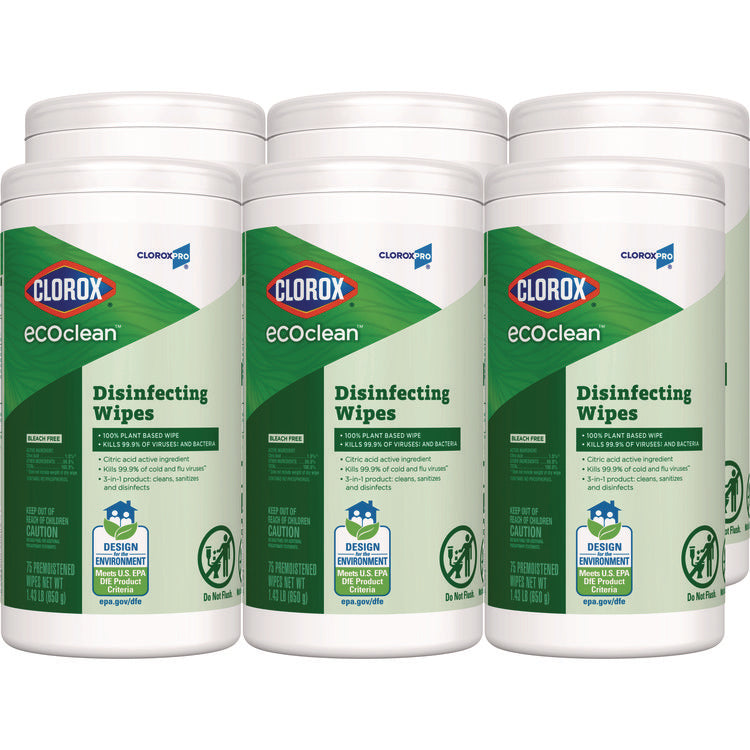 CloroxPro EcoClean Disinfecting Wipes, 1-Ply, 8 x 7, Unscented, White, 75 Count, 6/Carton