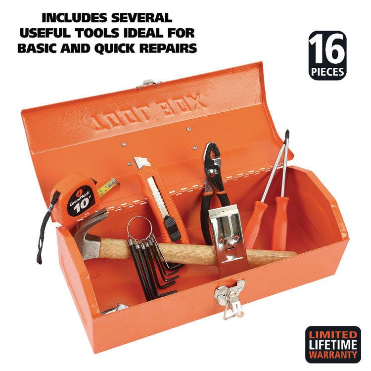 16-Piece Light-Duty Office Tool Kit, Metal Box, Red