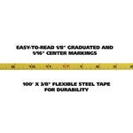 English Rule Measuring Tape, 0.38" x 100 ft, Steel, Yellow