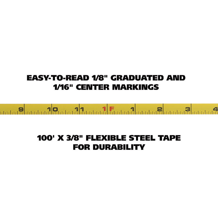English Rule Measuring Tape, 0.38" x 100 ft, Steel, Yellow
