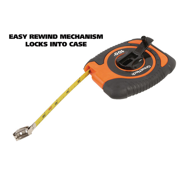 English Rule Measuring Tape, 0.38" x 100 ft, Steel, Yellow