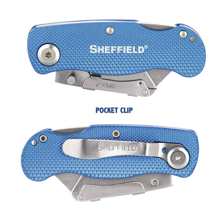 Sheffield Folding Lockback Knife, 1 Utility Blade, 2" Blade, 3.5" Aluminum Handle, Blue