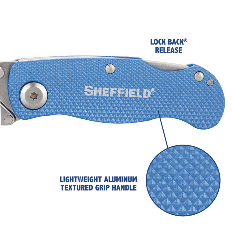 Sheffield Folding Lockback Knife, 1 Utility Blade, 2" Blade, 3.5" Aluminum Handle, Blue
