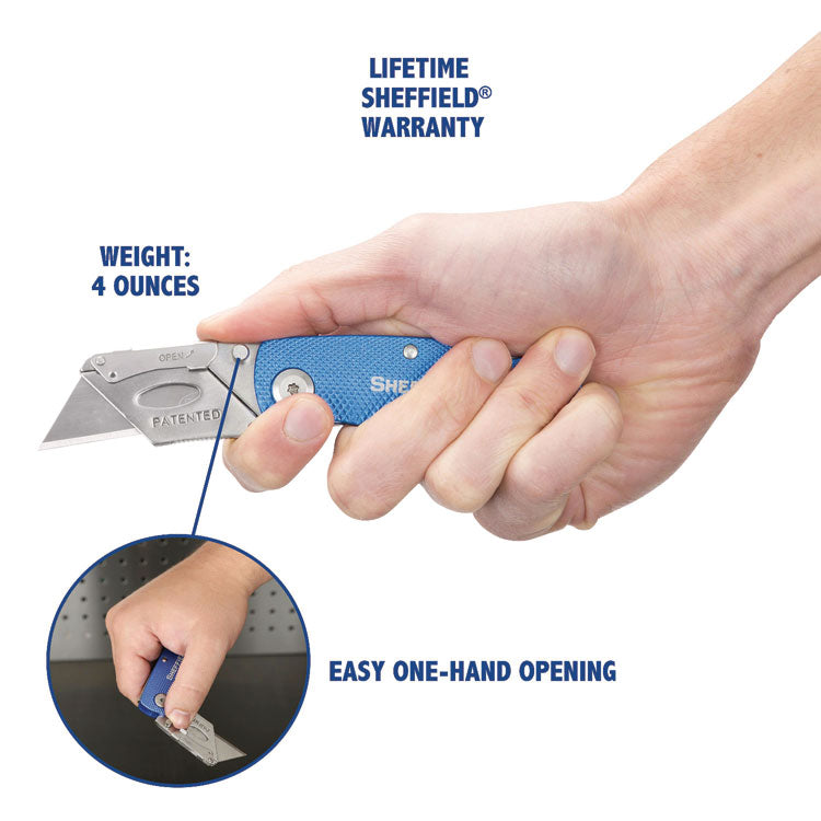Sheffield Folding Lockback Knife, 1 Utility Blade, 2" Blade, 3.5" Aluminum Handle, Blue