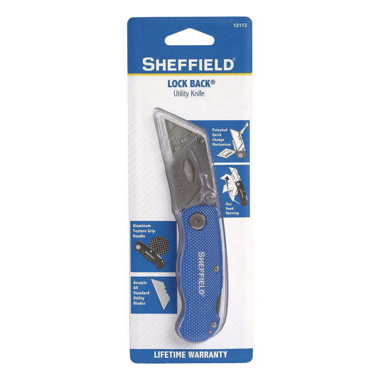Sheffield Folding Lockback Knife, 1 Utility Blade, 2" Blade, 3.5" Aluminum Handle, Blue
