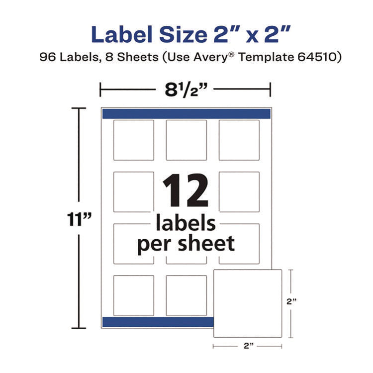 Laser/Inkjet Multipurpose Label, 2 x 2, White, 12/Sheet, 8 Sheets/Pack
