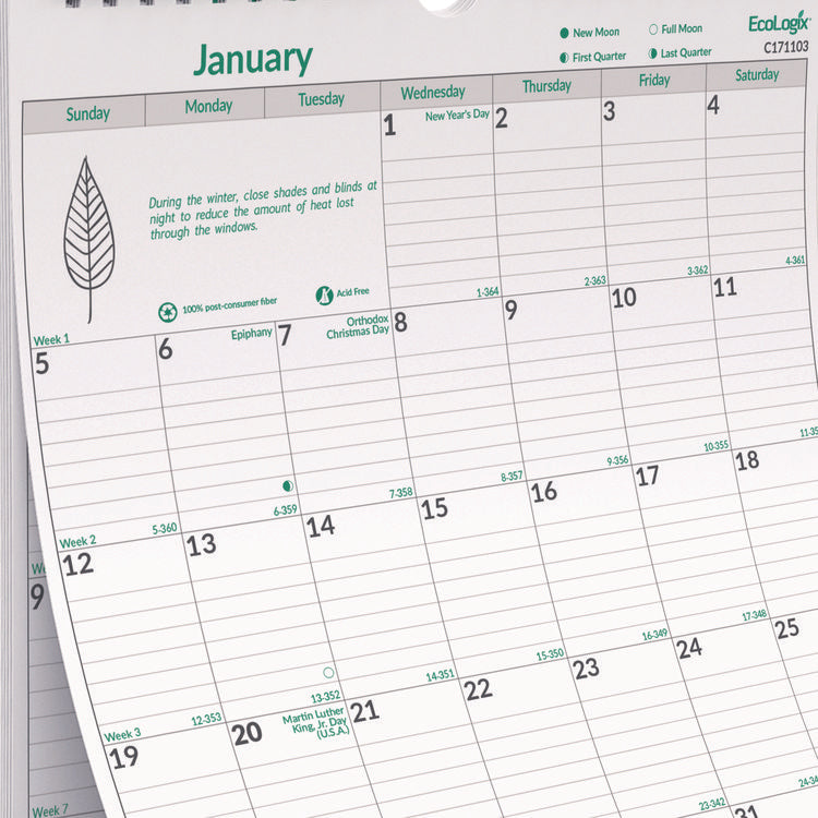 EcoLogix Monthly Wall Calendar, EcoLogix Artwork, 12 x 17, White/Green Sheets, 12-Month (Jan to Dec): 2025